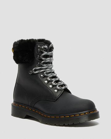 Women's Dr Martens 1460 Serena Collar Faux Fur Lined Lace Up Boots Black | AU 199CTV